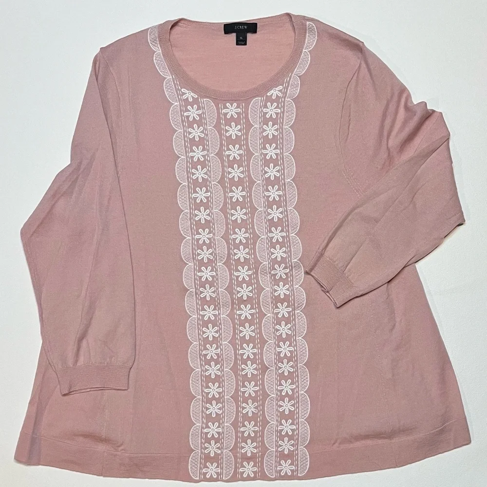 J.Crew 100% Merino Wool Embroidered Sweater Blush Pink Size XL